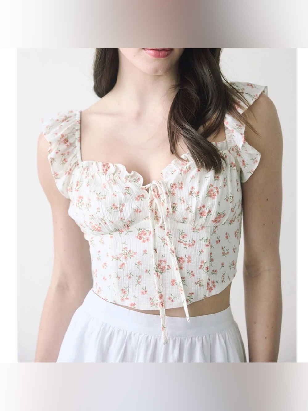 Blu Pepper Ivory Milkmaid Crop Top w/ Pink Floral Ruffle Tie Rouched back Large